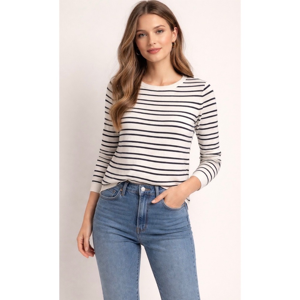 Renee C. Womens Striped Crewneck Sweater Elbow Patches Ivory Navy Small HW0064